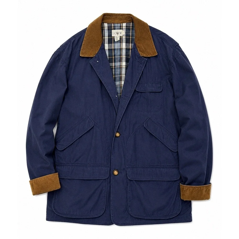 Vintage J Crew Chore Coat L Navy Barn‎ Jacket Flannel Corduroy Collar Americana